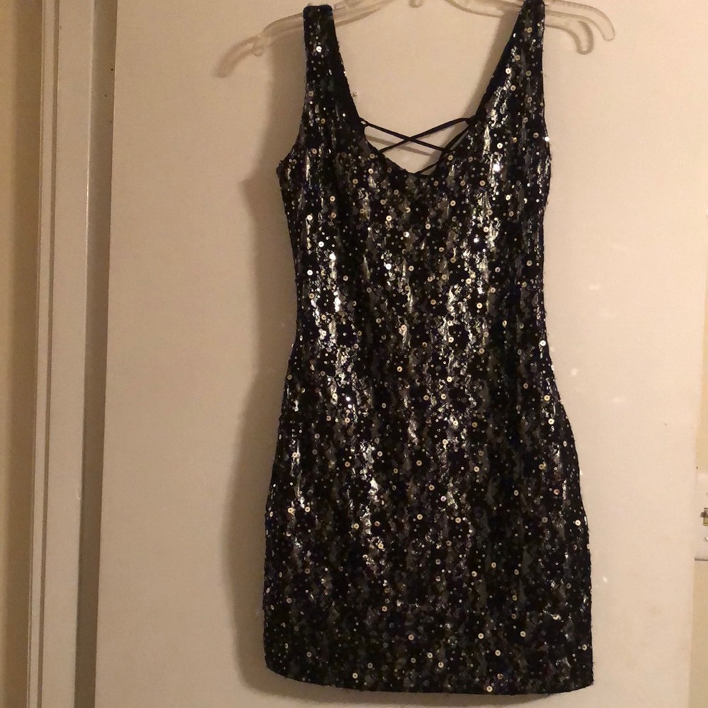 Black overlay lace with silver sequin and silver underlay cocktail dress